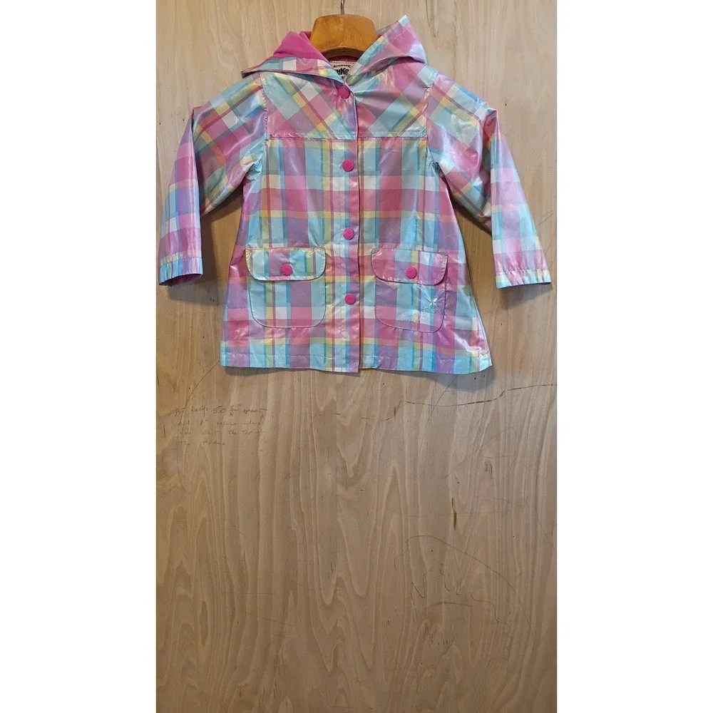 OshKosh Bgosh Girls Pastel Plaid Hooded Raincoat Retro Preppy Style Size 5